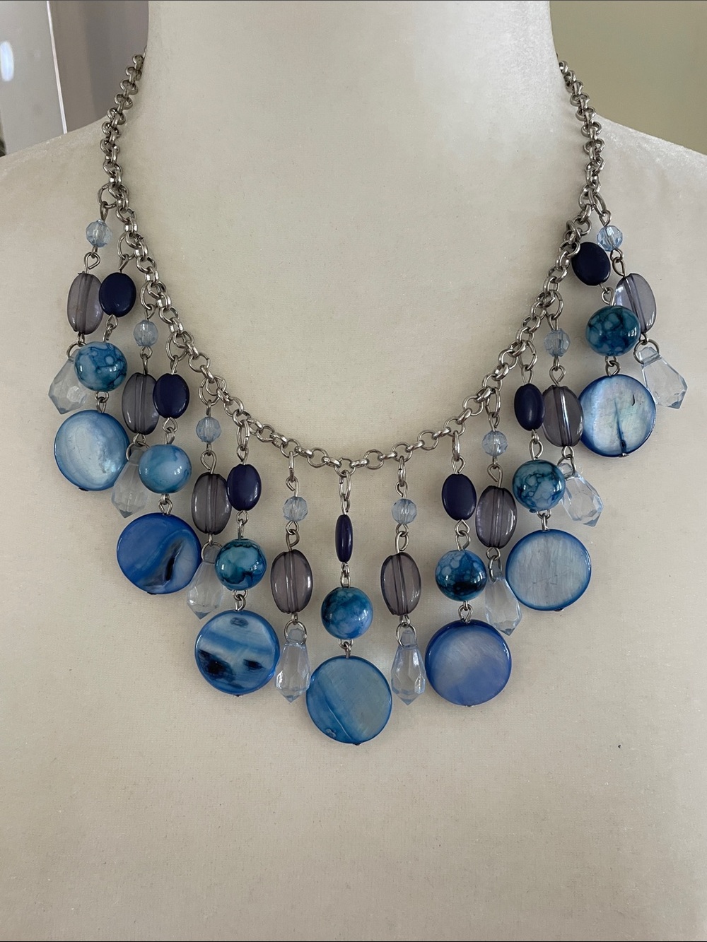 VINTAGE BLUE BEADED BIB STATEMENT NECKLACE Chandelier Bohemian Silvertone
